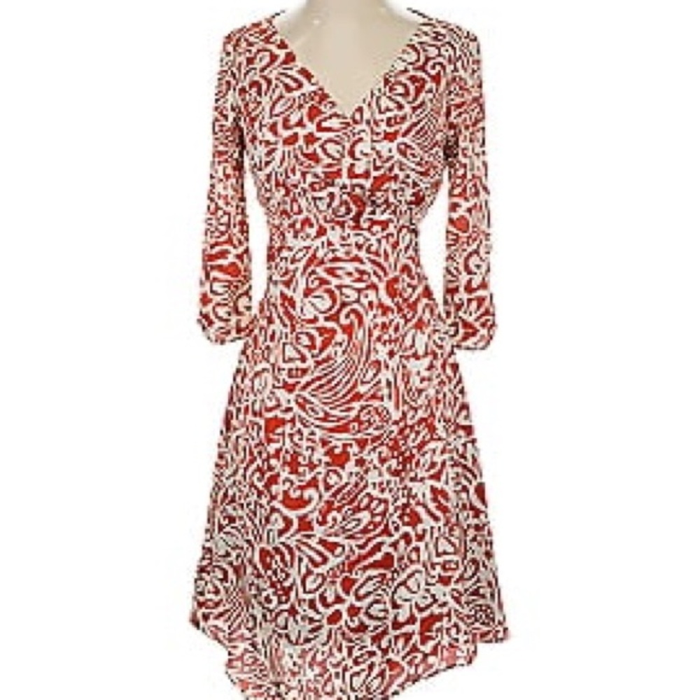 ANTONIO MELANI Red and White A-Line Dress with V-Neck Wrap Dress